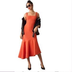 NWT Anthropologie Ariana Square-Neck Asymmetrical Ruffle Hem ORANGE Dress Sz xl